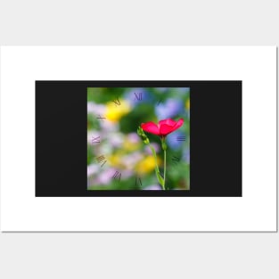 Red flower against colorful floral meadow Posters and Art